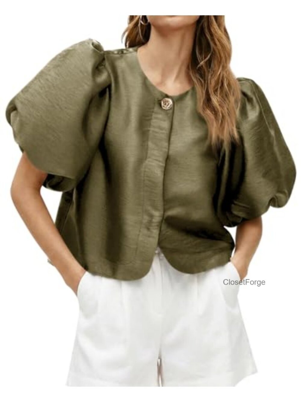 Satin Silk Puff Sleeve Button Down Blouse Women's Dressy Business Top